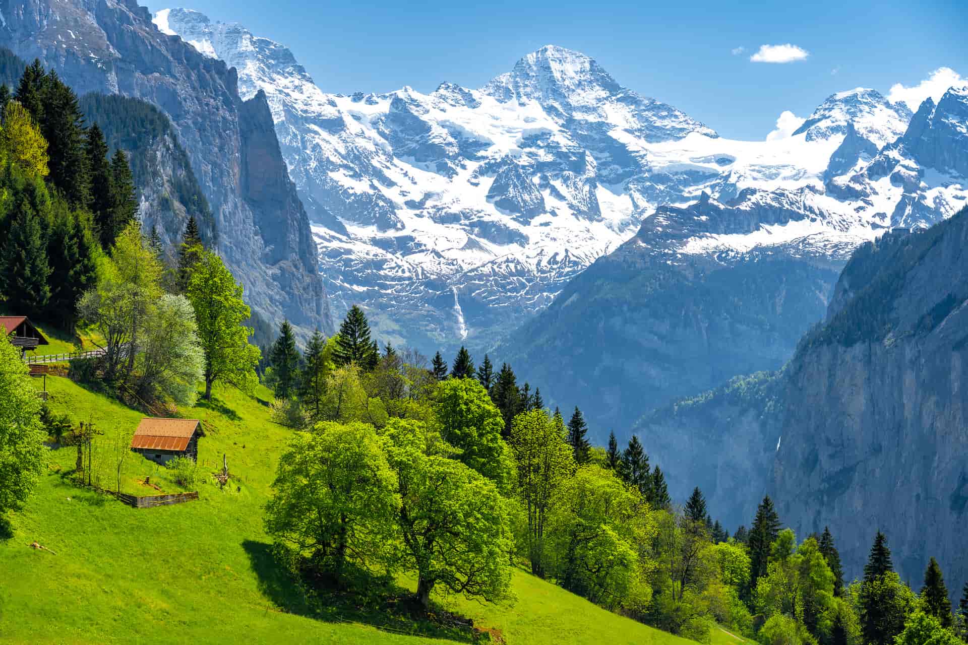 Alpine valley with green meadow, wooden huts, and snow-capped mountains under blue sky