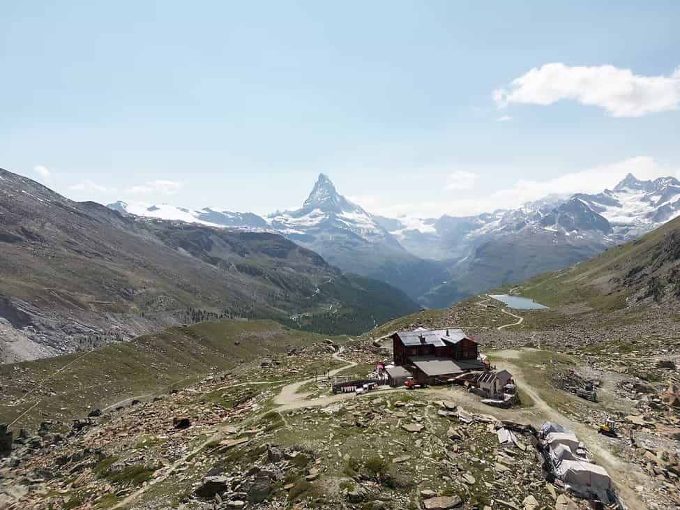 Fluhalp mountain refuge with the Matterhorn in the background, Zermatt, Switzerland.