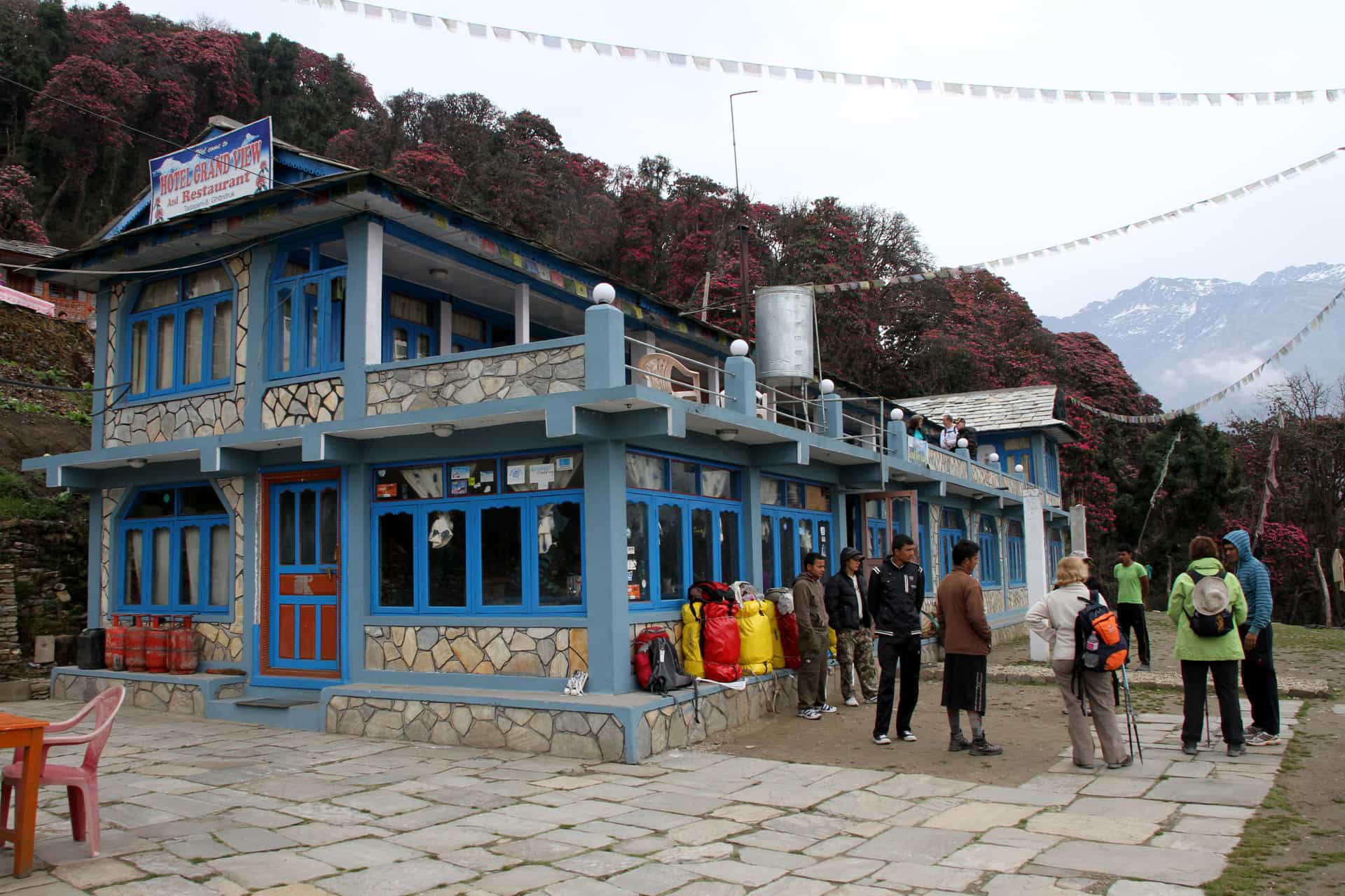 Hotel Grand View in Tadapani with hikers and rhododendron trees, snow-capped mountains in background.