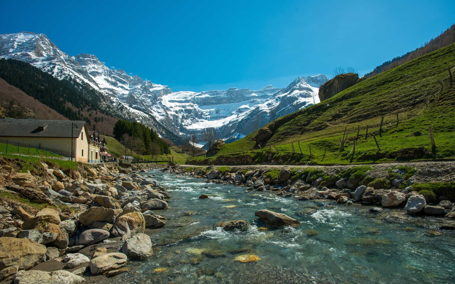 Rushing river with rocks in valley below snow-capped mountains near buildings.