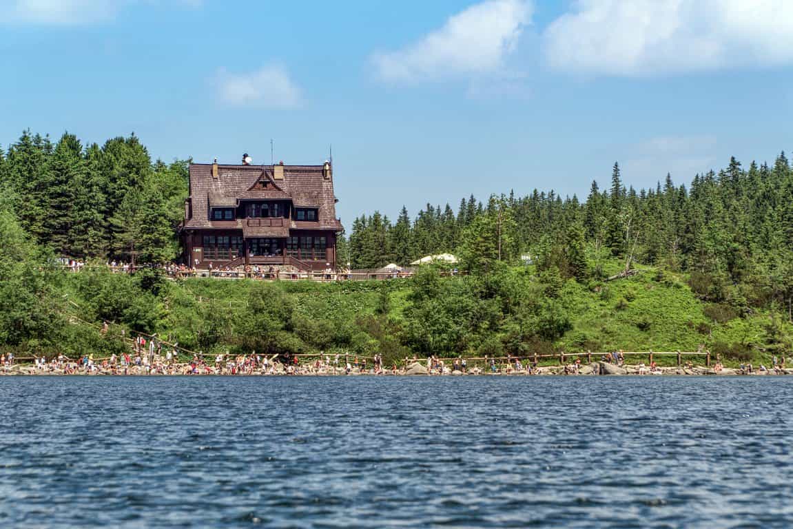 Mountain lake with wooden lodge, people on shore, and dense green forest under blue sky.