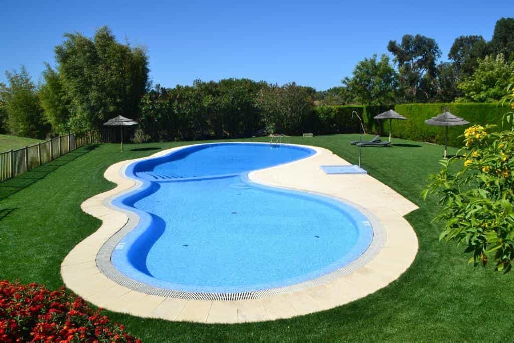 Curved swimming pool with blue water surrounded by a green lawn, trees, and straw umbrellas.