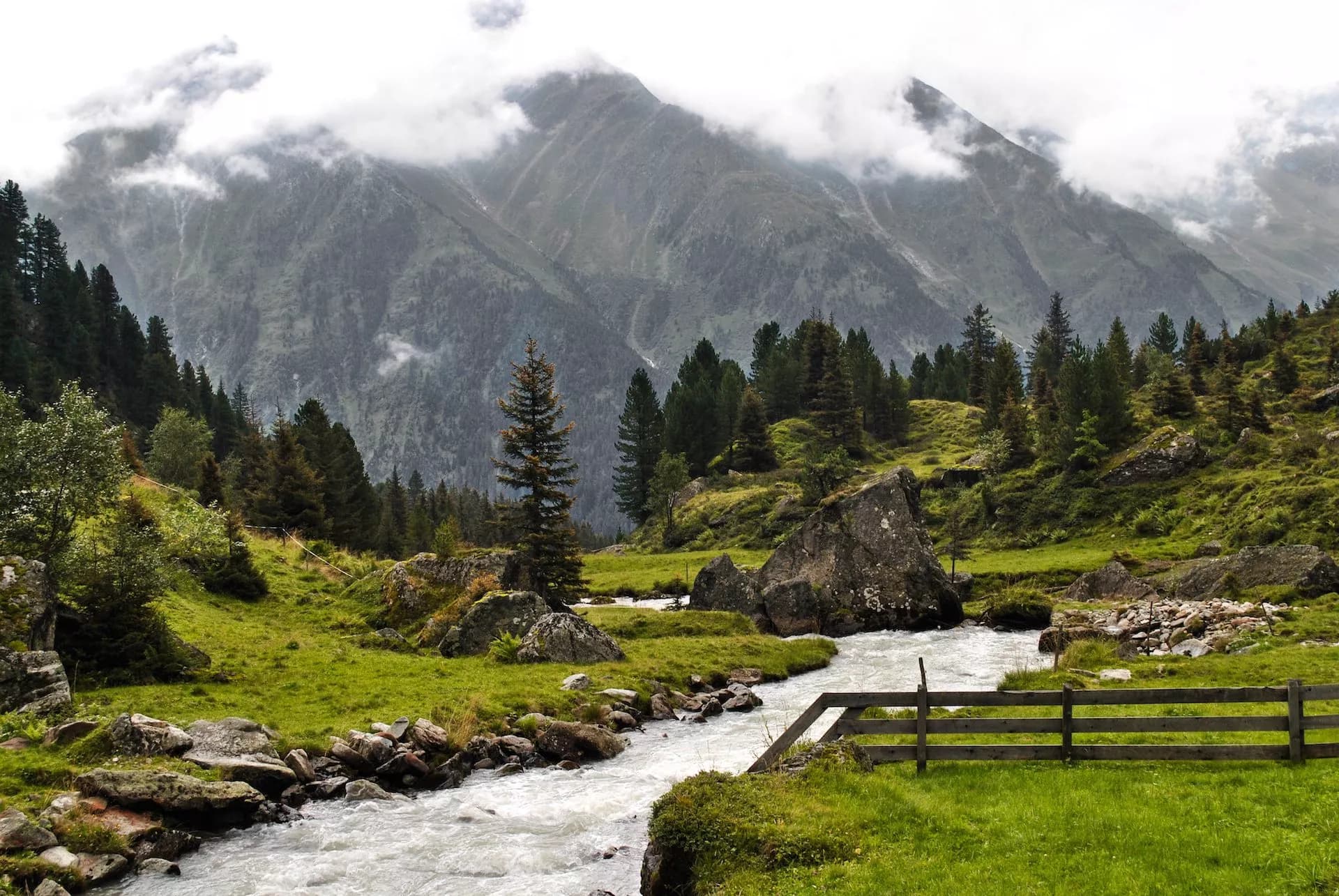 Rushing mountain stream through green valley with pine trees and low clouds in Stubai Valley.