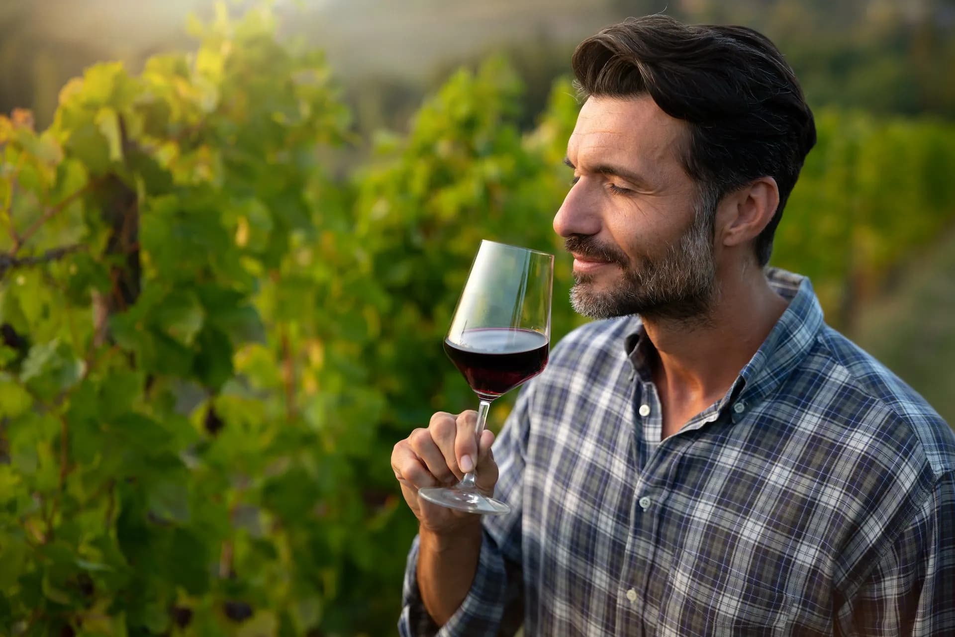 Man smelling red wine in a sunlit vineyard with green grapevines