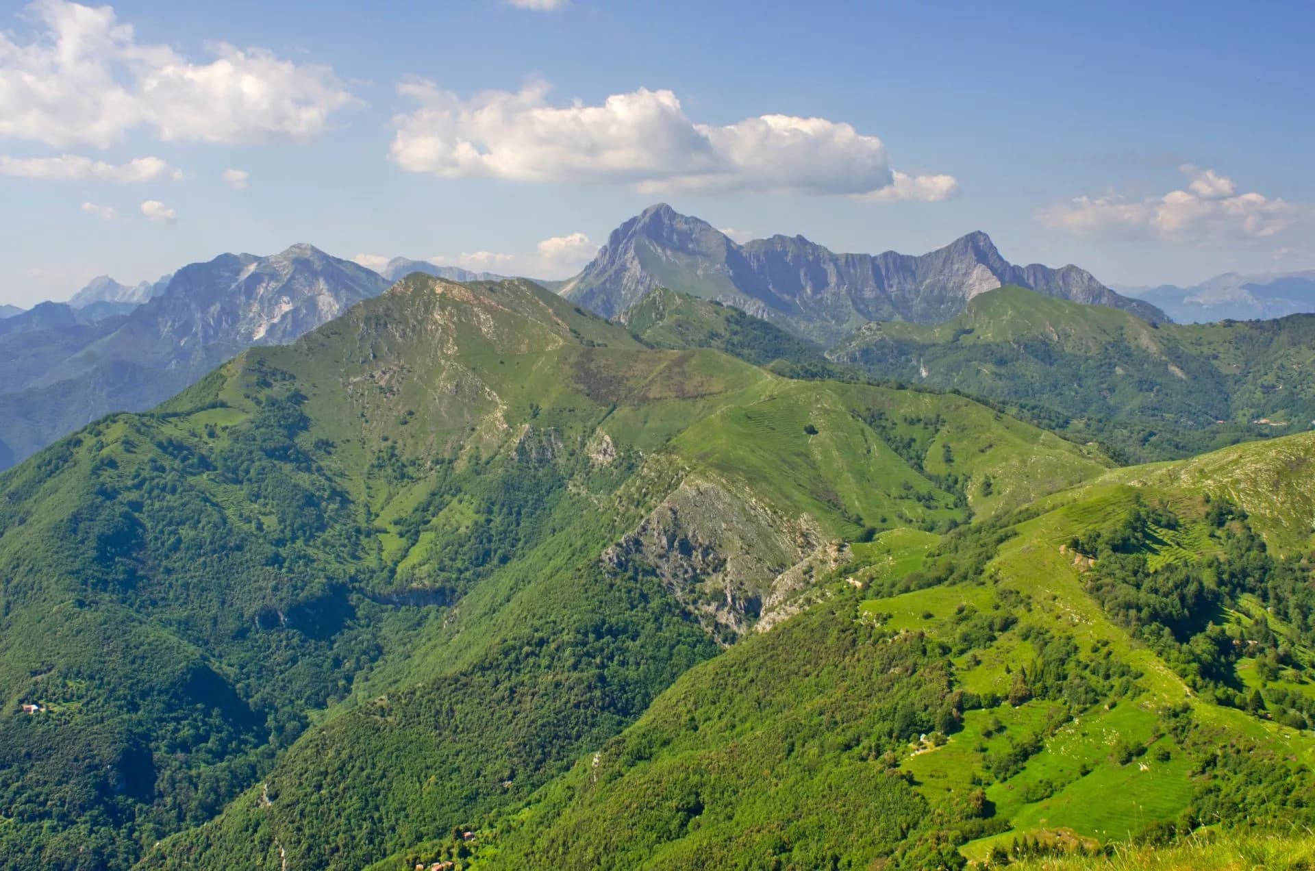 Green, forested mountains under a blue sky with white clouds in the Apuan Alps.