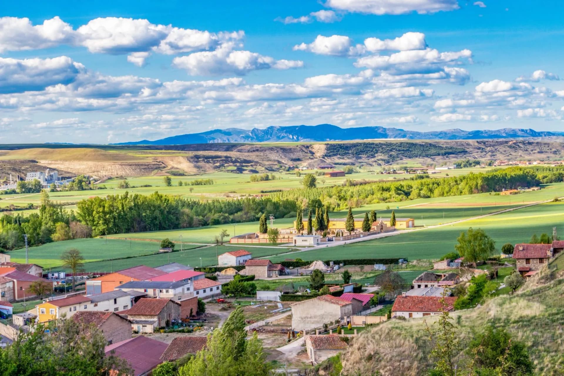 Elevated view to the town of Belorado and the cemetery in Province of Burgos, Castilla y Leon, Spain on the Way of St. James, Camino de Santiago