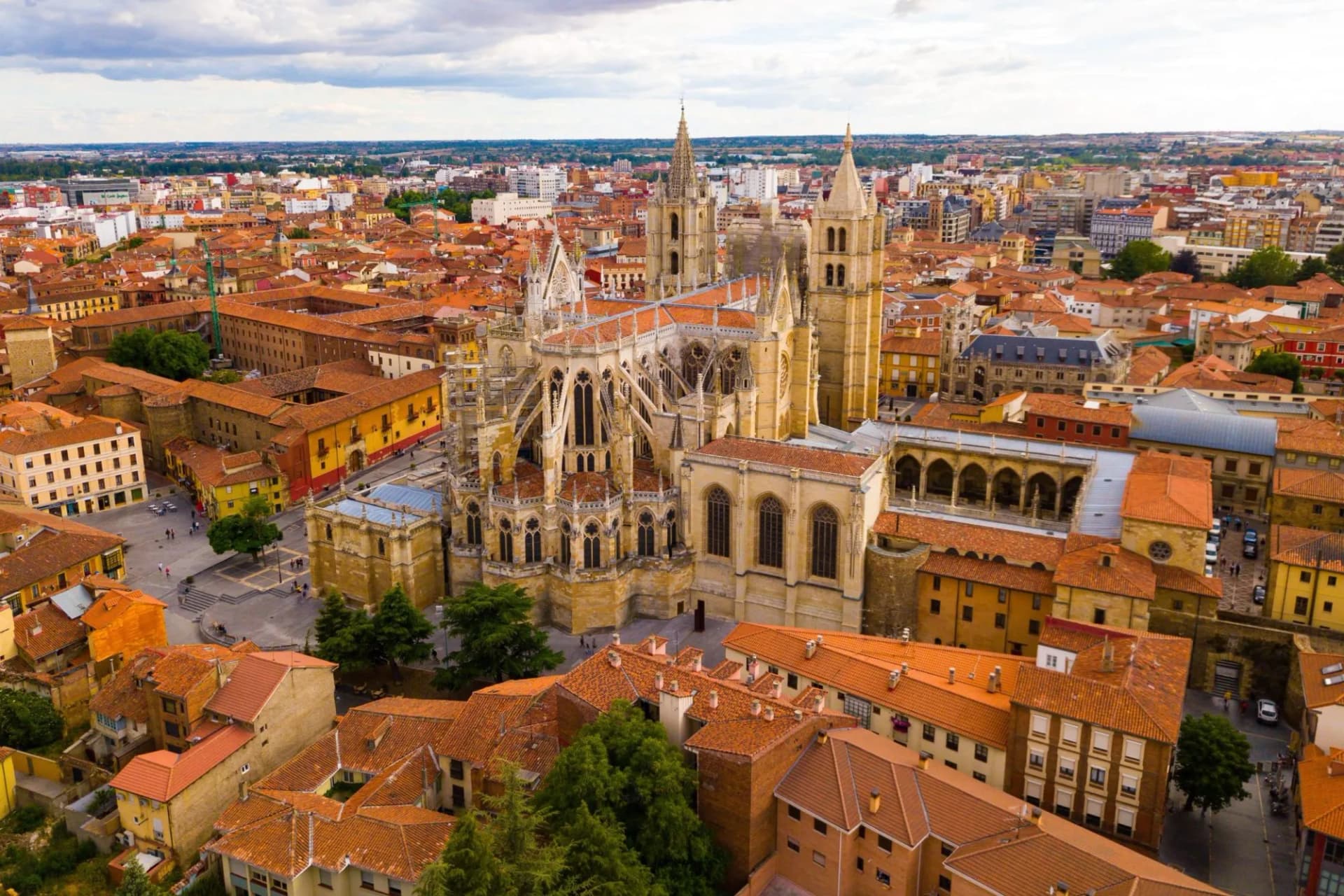 Urban view from drone of roofs of residential buildings in Spanish city of Leon