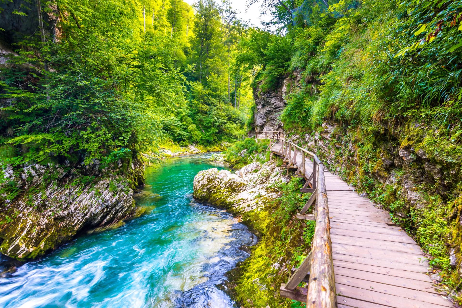 Wooden boardwalk alongside turquoise river flowing through Vintgar Gorge canyon with lush green forest.