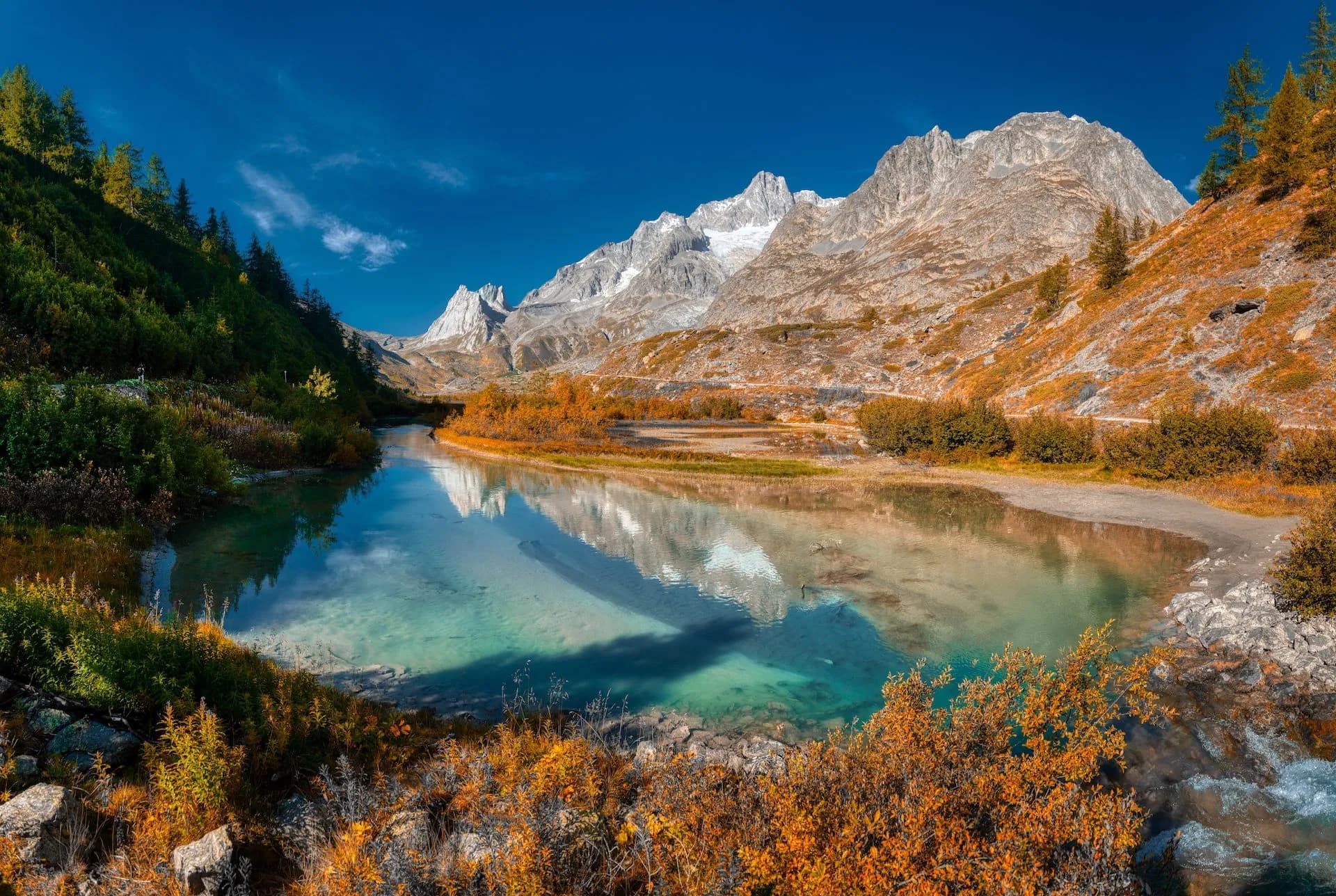 Alpine lake reflecting snow-capped mountains with autumn foliage in Val Veny.