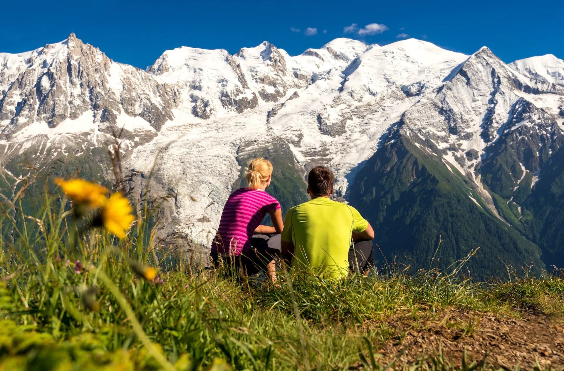 Hikers overlooking panorama of Mont Blanc glacier from grassy alpine meadow