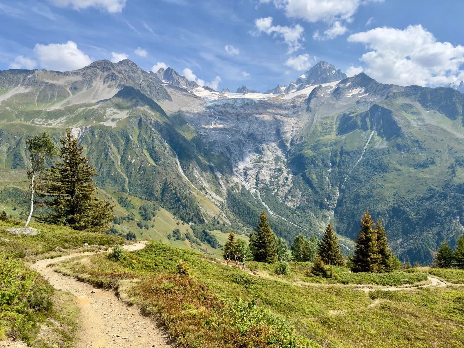 Hiking trail overlooking glacier-capped mountains from Trient to Argentière under a blue sky.