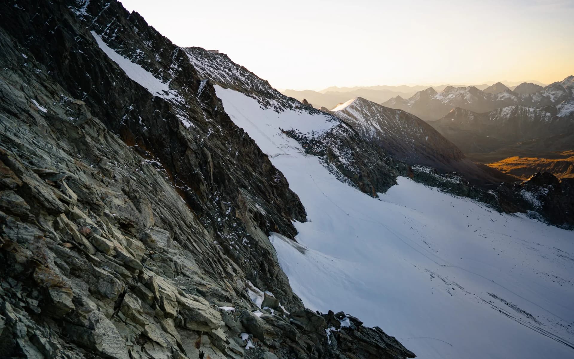 Wonderful morning during the ascent over the Studlgrat ridge on the Grossglockner, the highest mountain in Austria. Hohe Tauern, Alps,