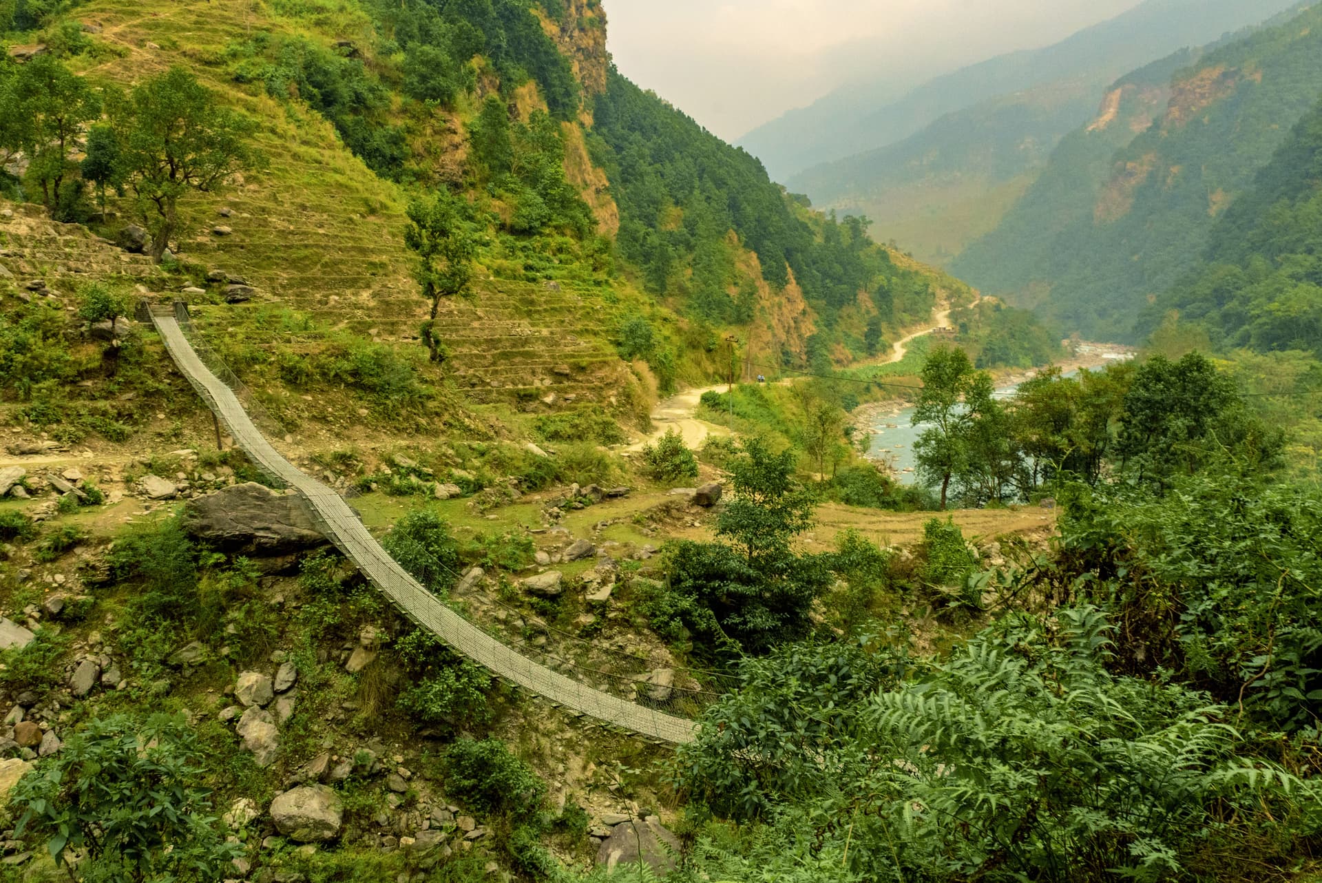 Suspension bridge crossing a lush green valley with a river and dirt road below, Manaslu.