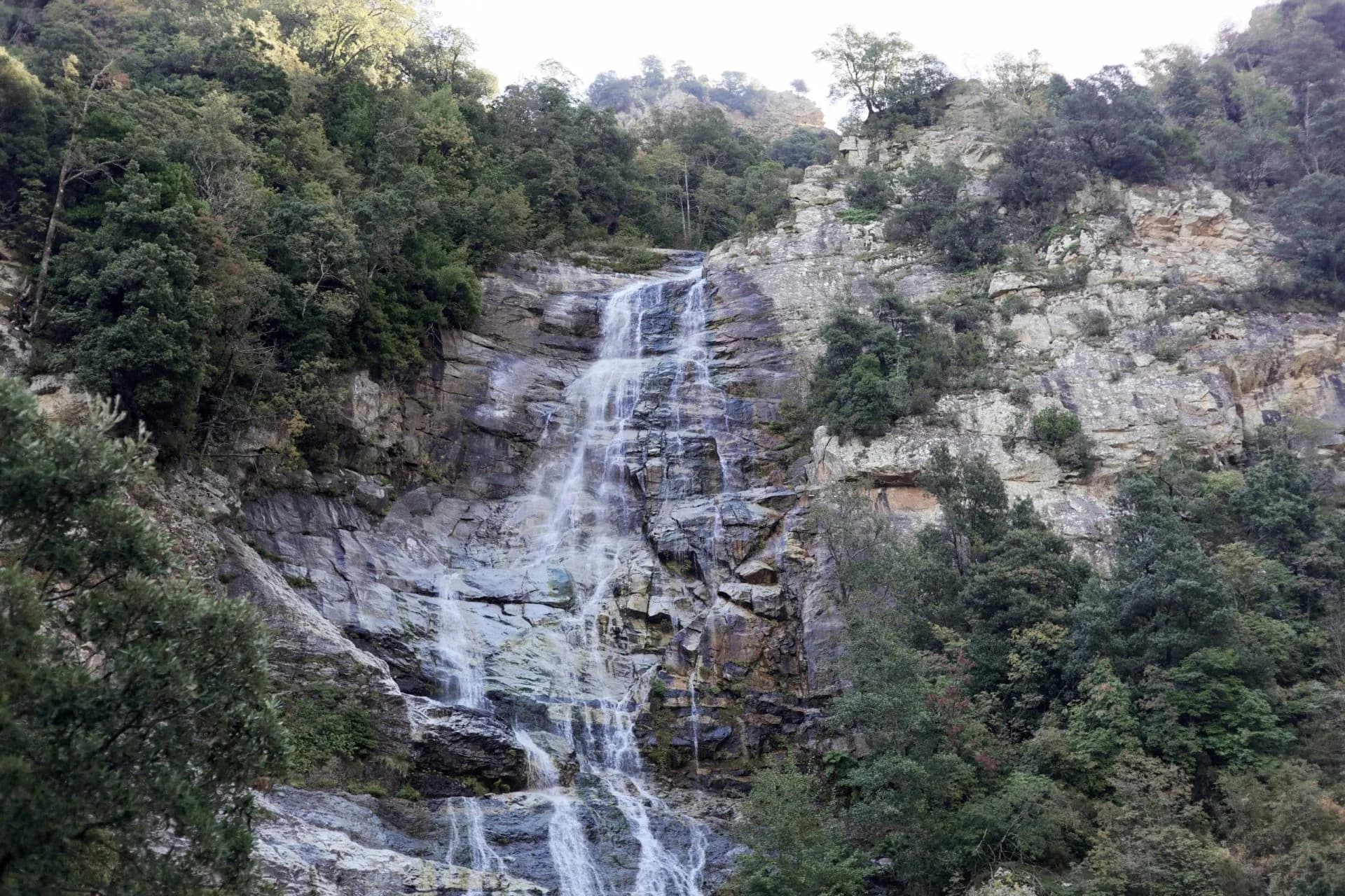 Waterfall cascading down a steep, rocky cliff surrounded by dense green forest.