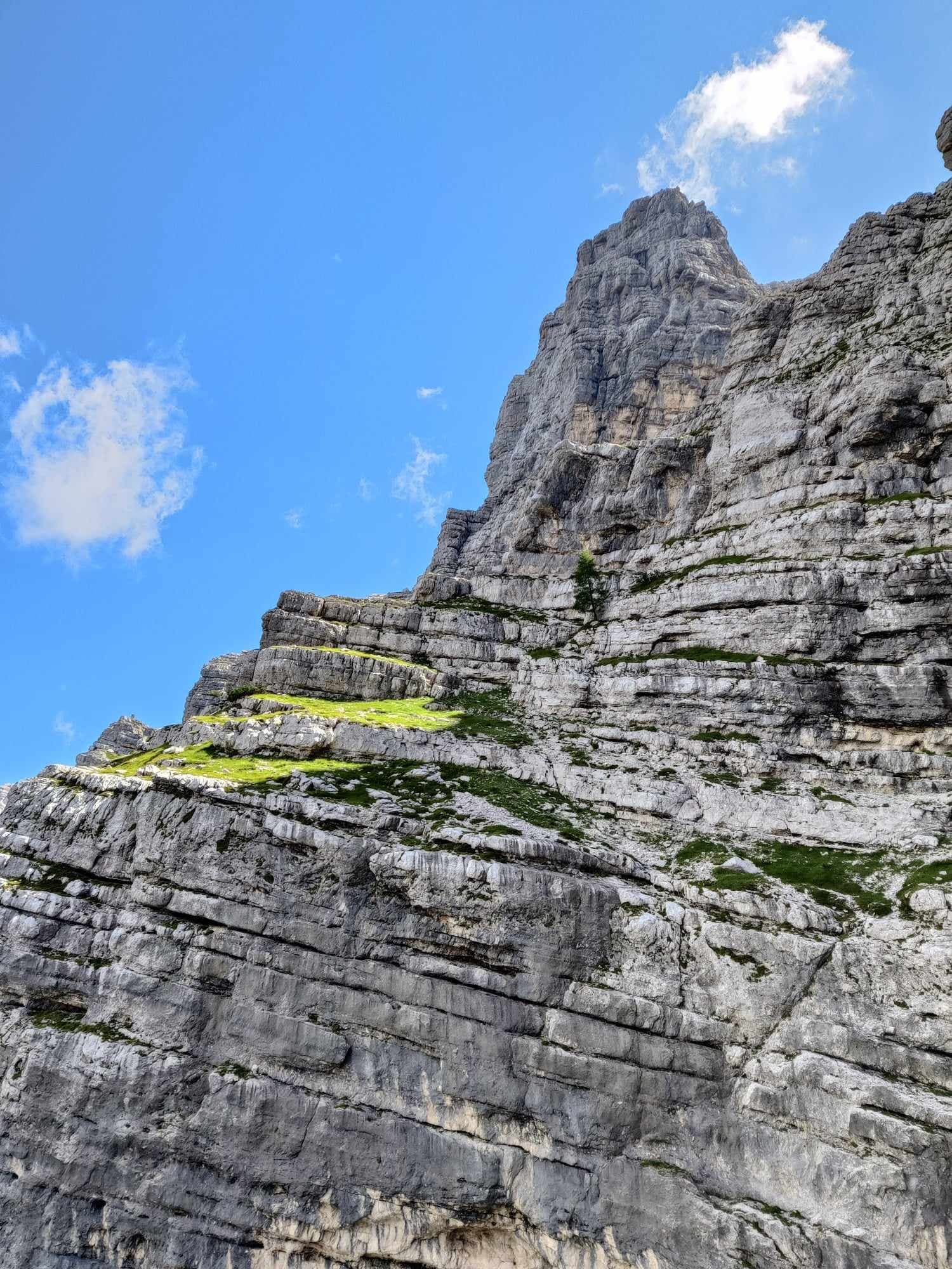 Steep gray rock face with horizontal strata and patches of green grass under a blue sky.