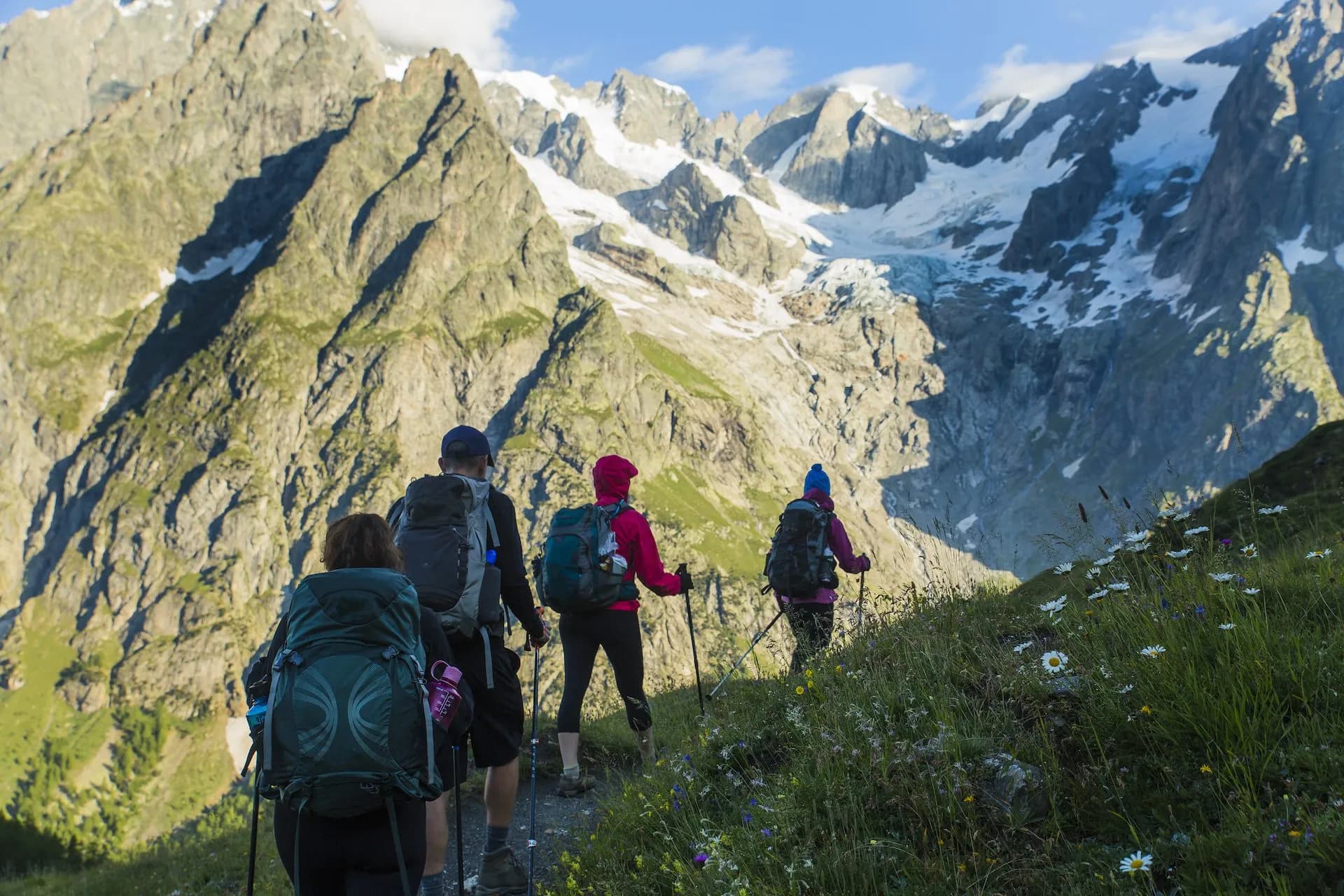 Hikers with backpacks ascend grassy trail toward massive, snow-capped alpine mountains.