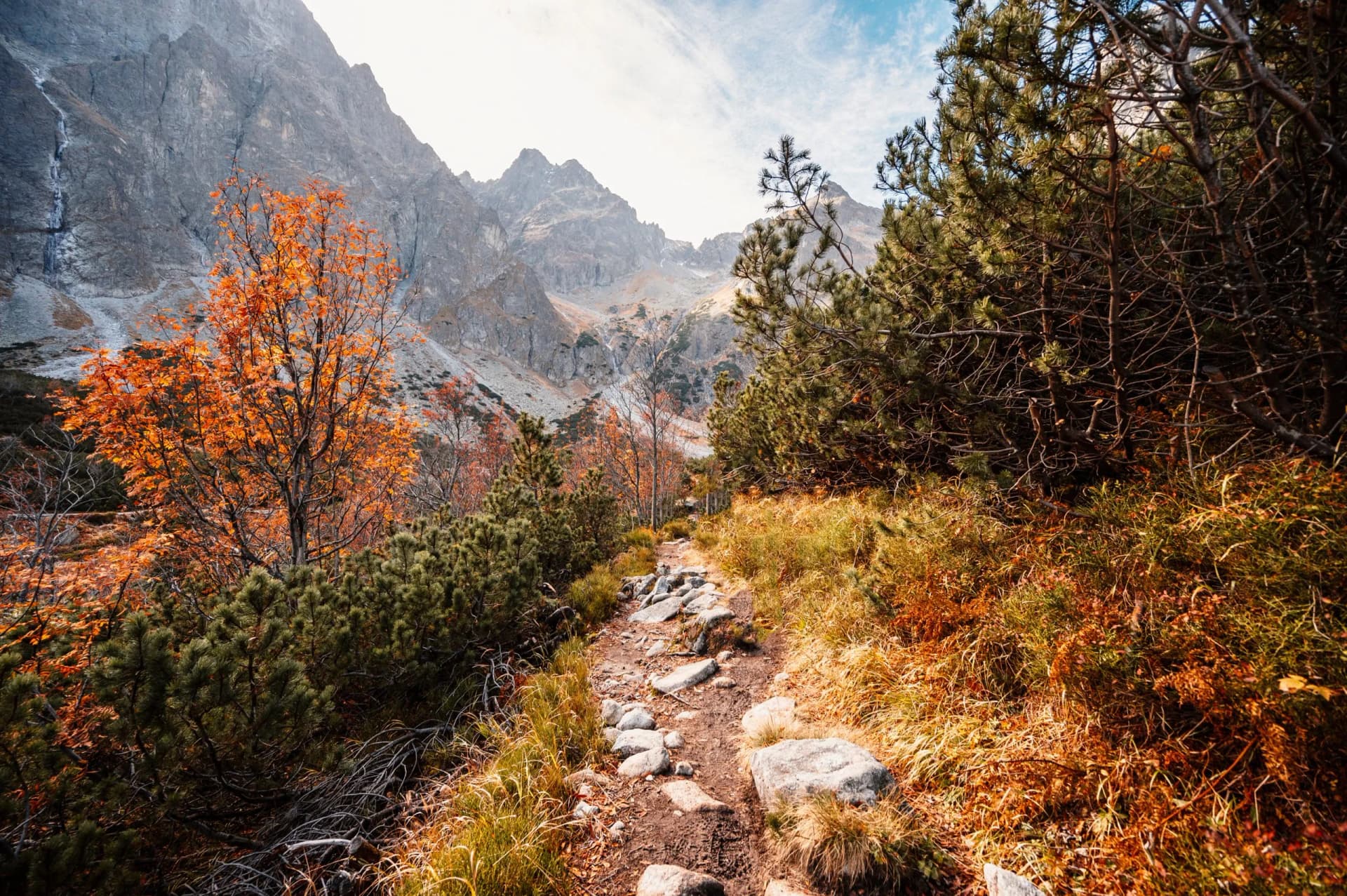 Hiking in national park High Tatras. HiIking from biele pleso to Zelene pleso in the mountain Vysoke Tatry, Slovakia. Beautiful