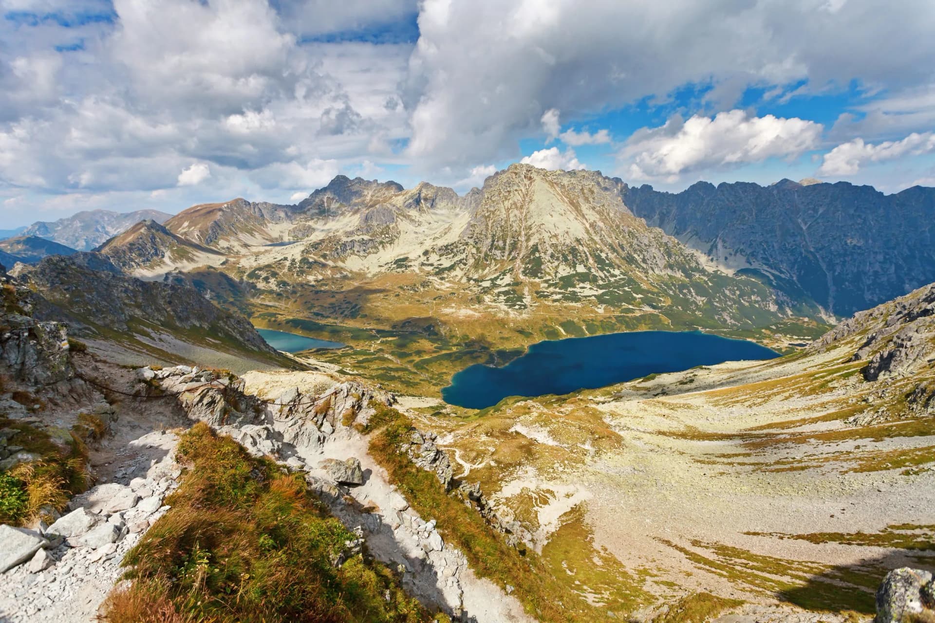 Aerial view of Big Pond "Wielki Staw" in Five Polish Ponds Valley "Dolina Pieciu Stawow Polskich", Tatry mountains, Poland