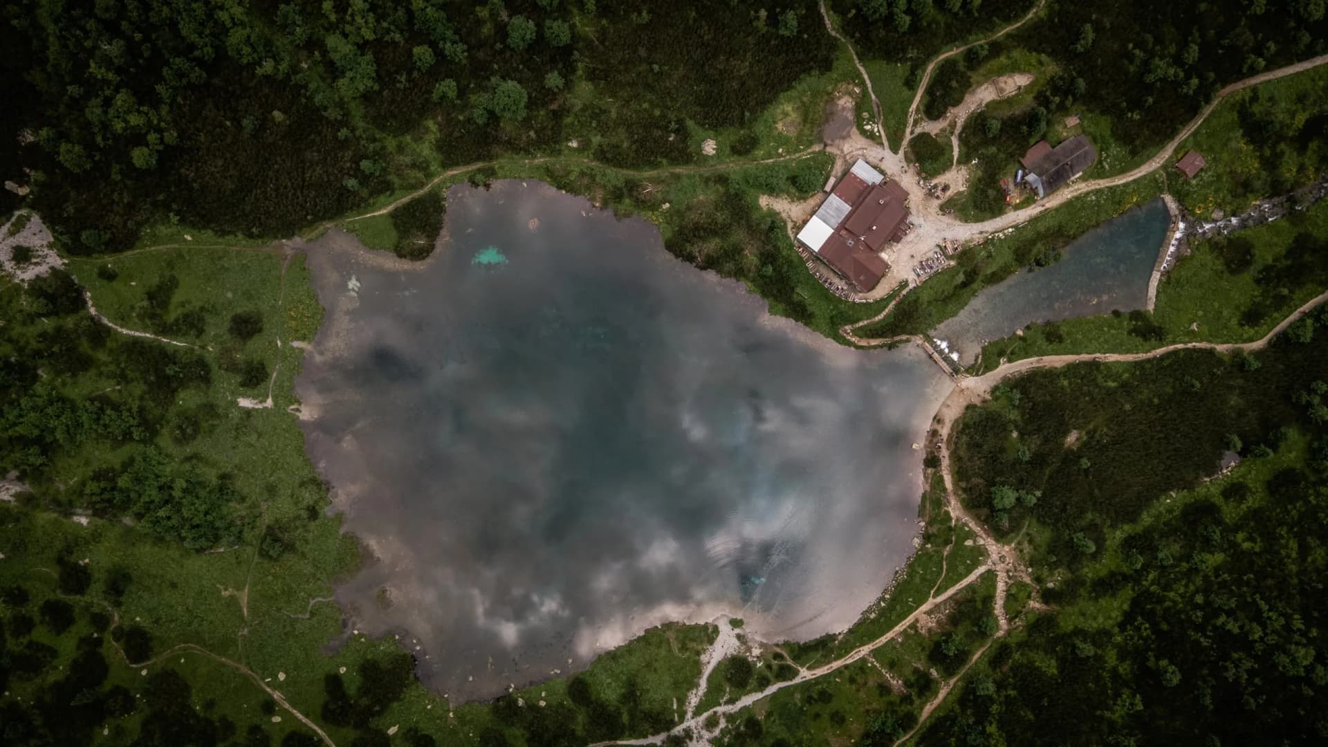Aerial view of the lake Zelene pleso in the High Tatras in Slovakia