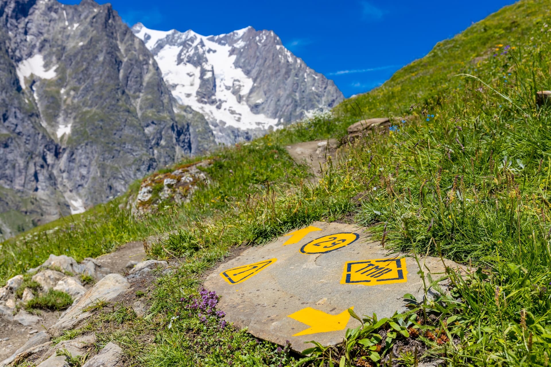 Hiking trail marker painted yellow on rock with snow-capped mountains under blue sky.