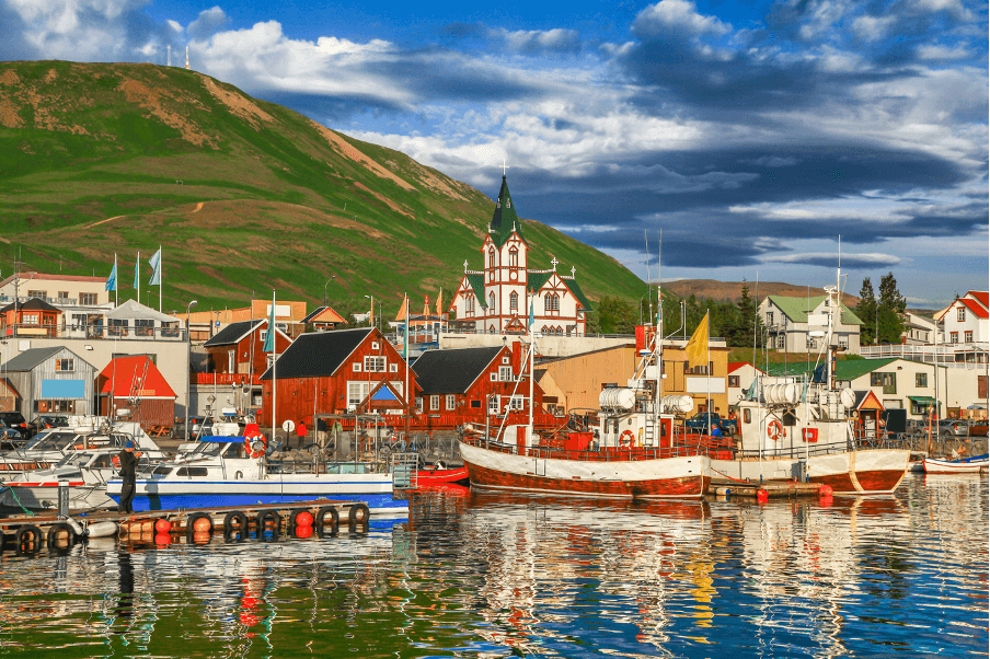 Boats docked in Reykjavik Bay harbor with colorful buildings and green mountain backdrop.