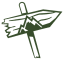 Green line art of a weathered wooden hiking signpost with mountain peaks graphic.