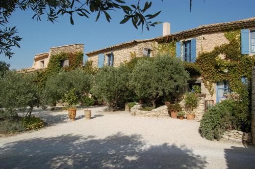 Stone farmhouse with blue shutters, olive trees, and ivy under a clear blue sky.