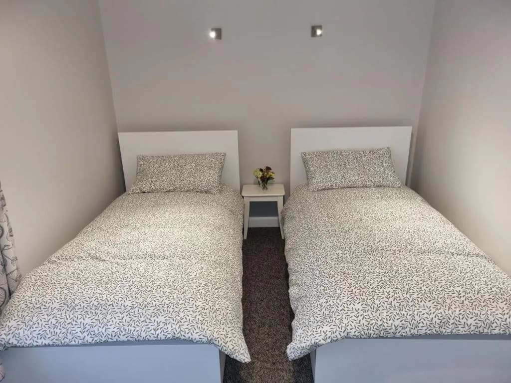 Twin beds with white headboards and gray leaf-patterned bedding in a small room.