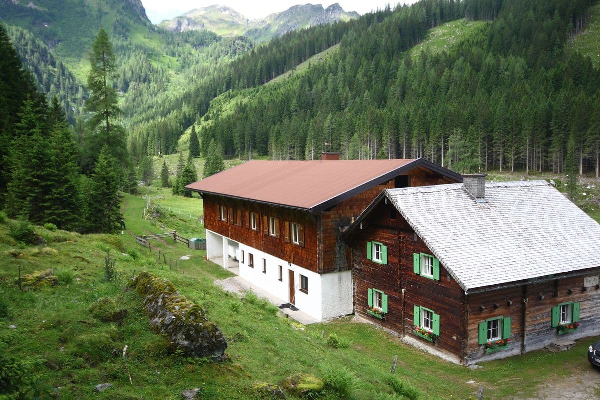 Wooden alpine huts nestled on a grassy slope below dense pine forests and mountains.