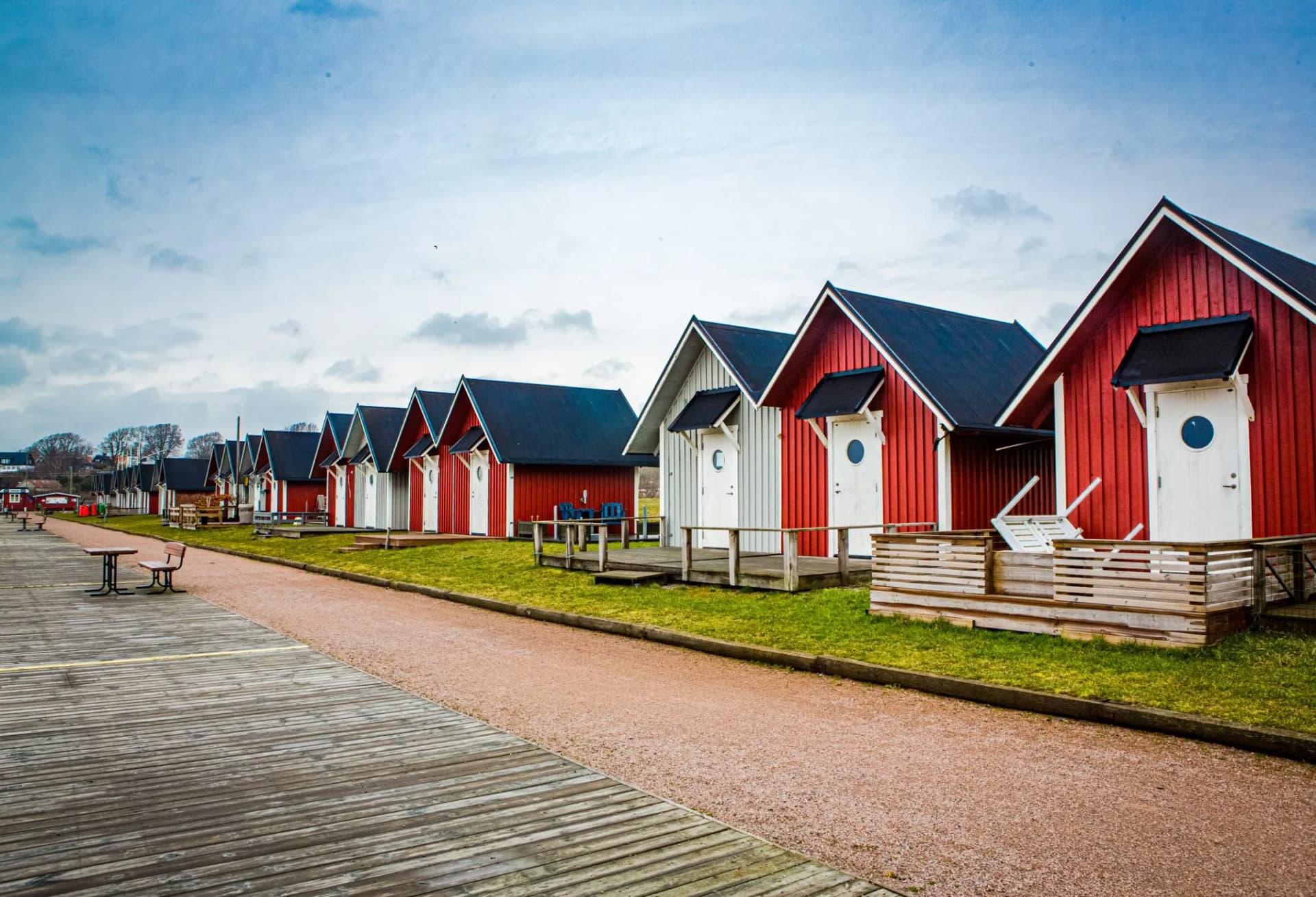 Boat houses in Skalderviken  harbor, Angelholm, Sweden