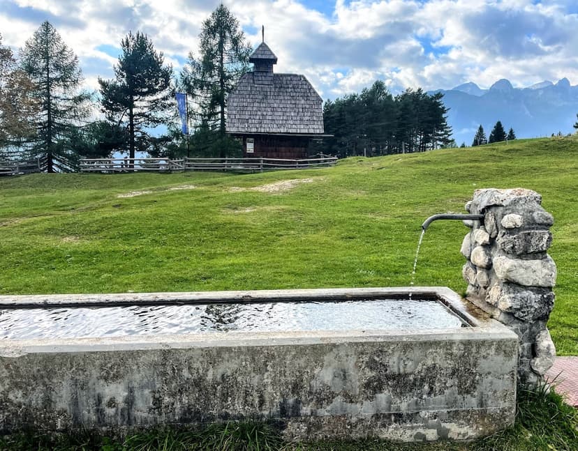 Stone water trough filling on grassy hillside near wooden alpine hut and mountains