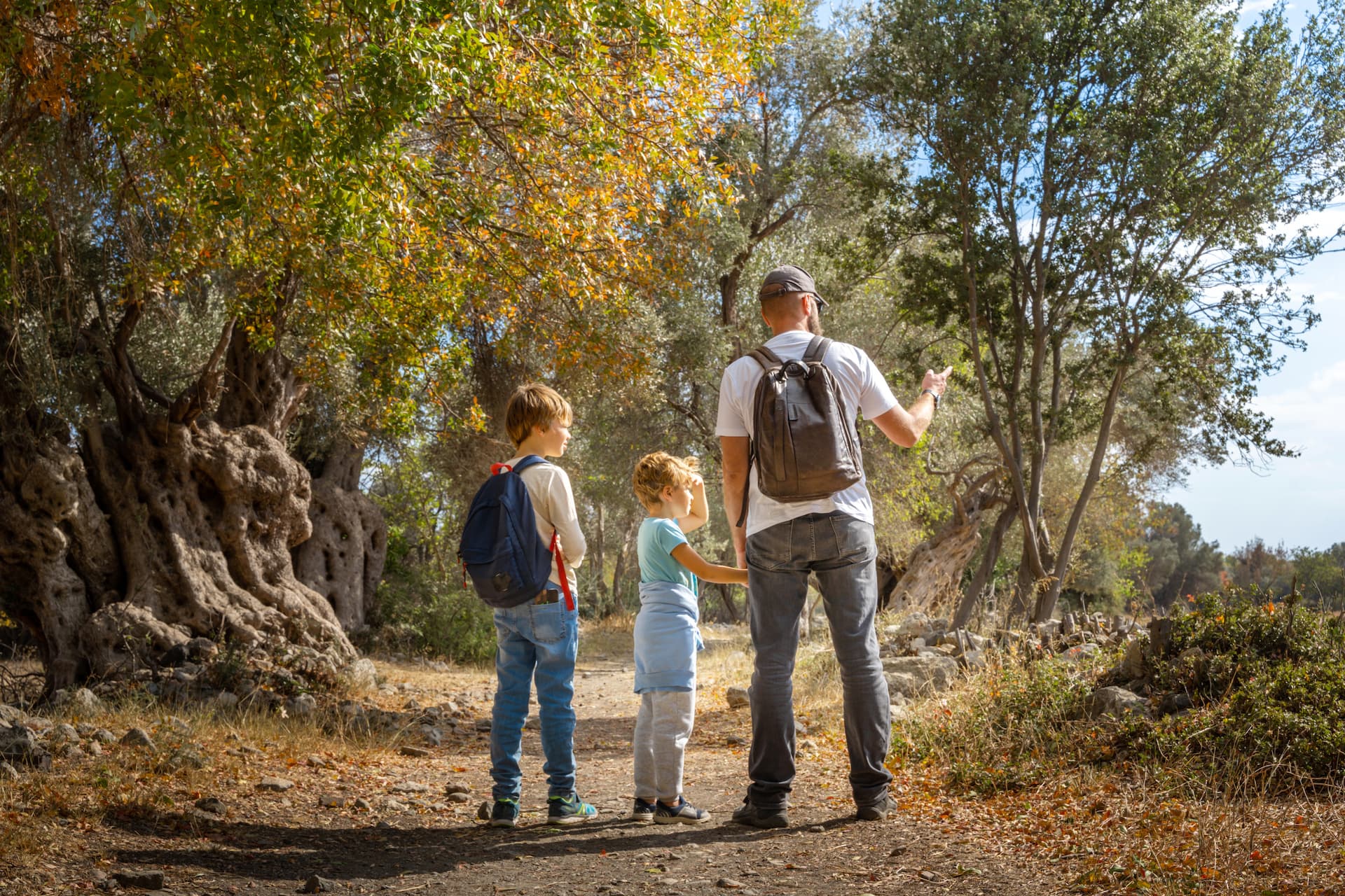 Family hiking on dirt path past large, gnarled trees in a sunny, dry landscape