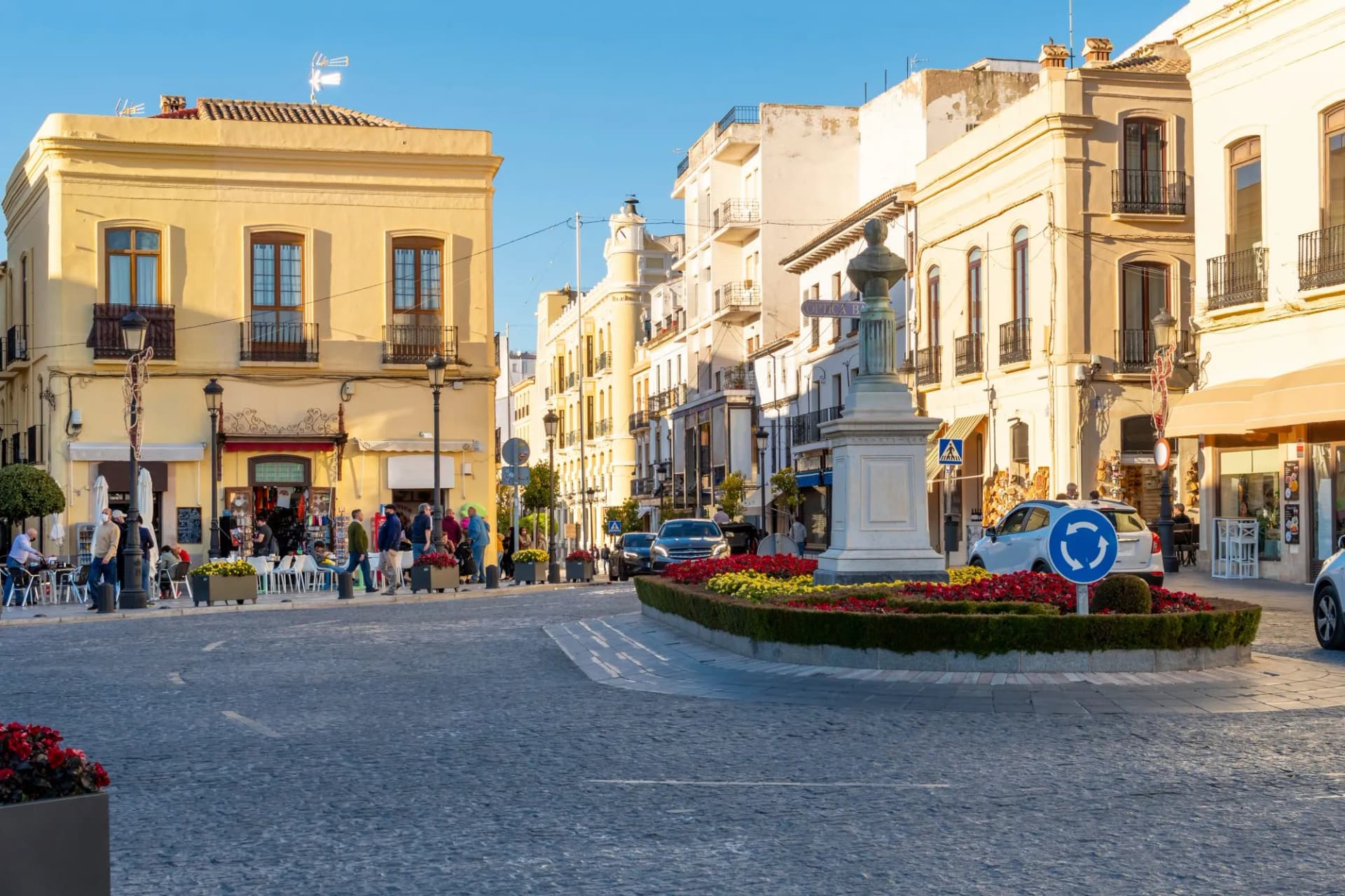 The Plaza de Espana in the historic downtown old town of Ronda, Spain.