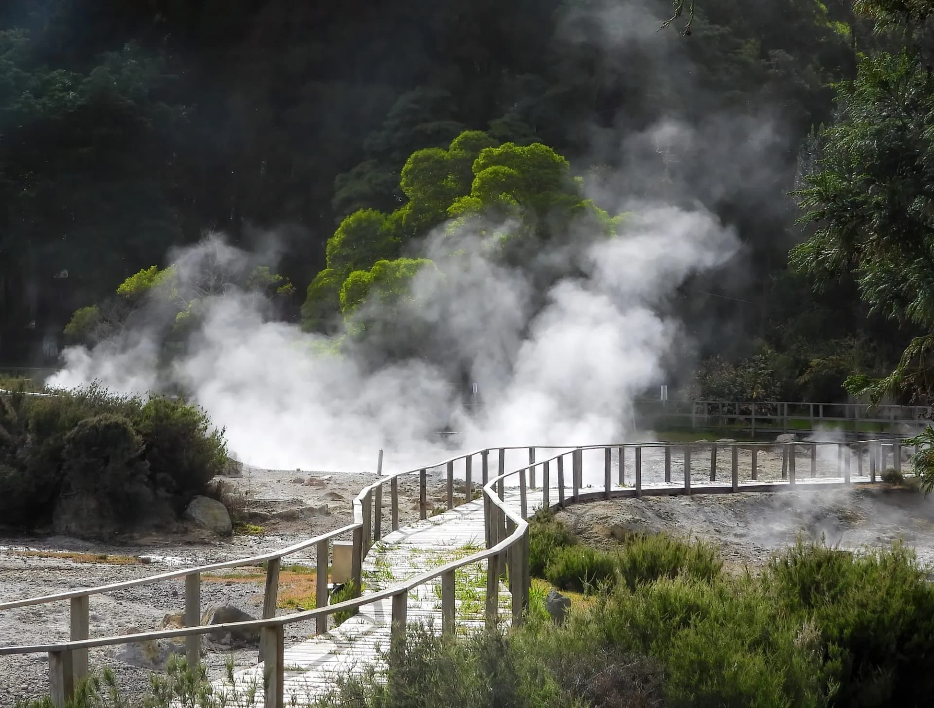 Natural hot springs steaming in Furnas