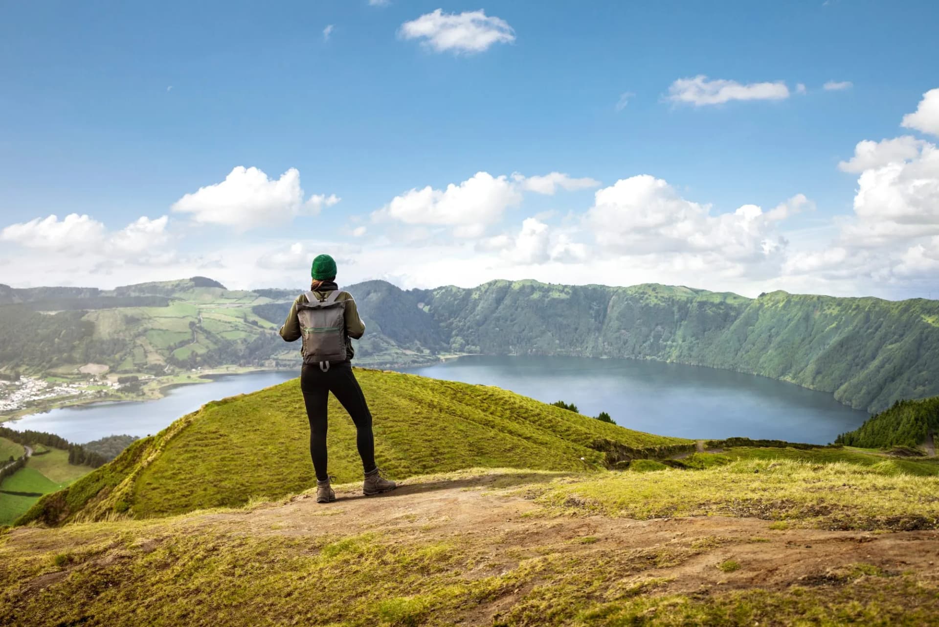 Walking path to a view on the lakes of Sete Cidades, Azores, Portugal, hiker