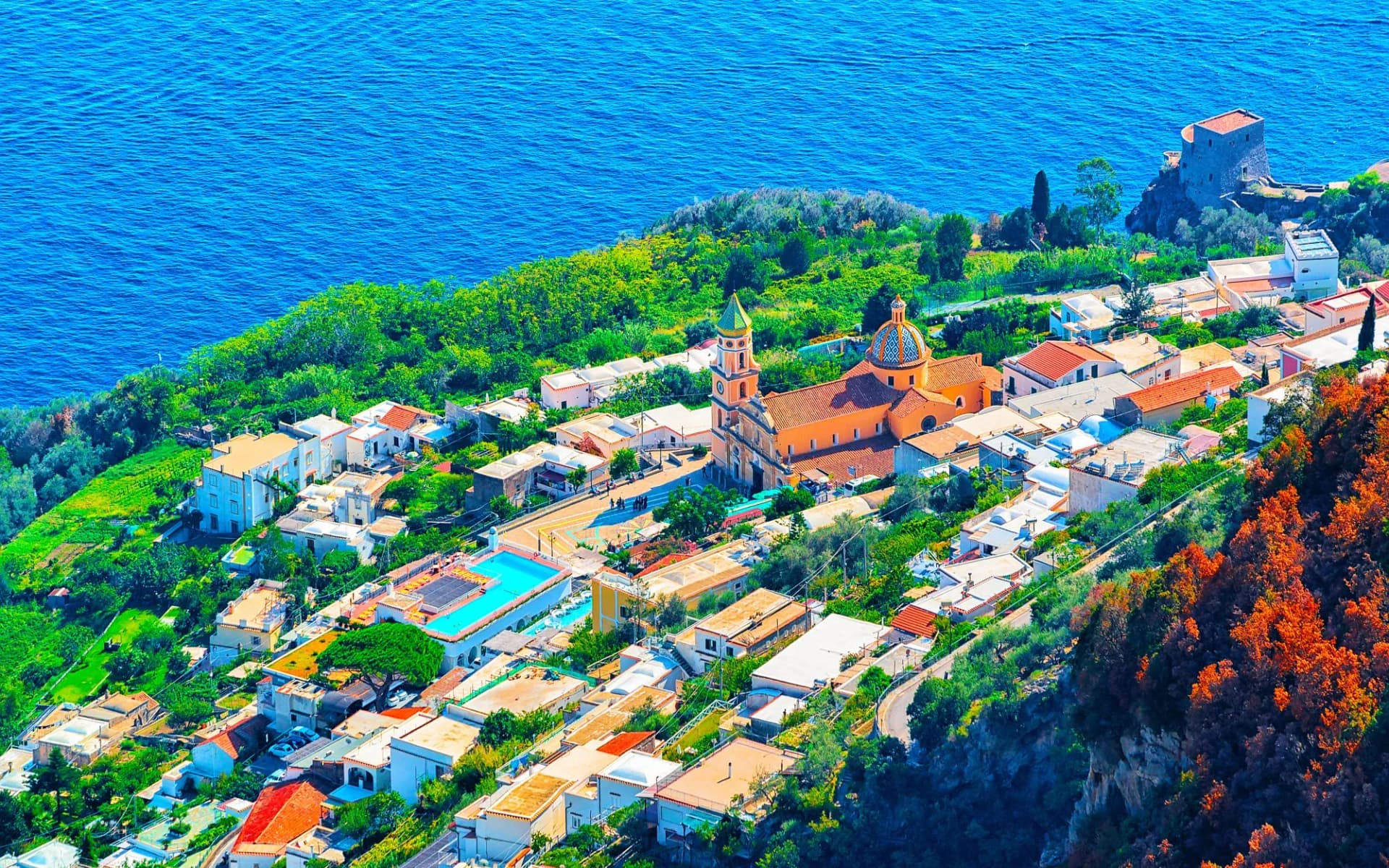 View from Path of Gods on Praiano and Tyrrhenian sea reflex