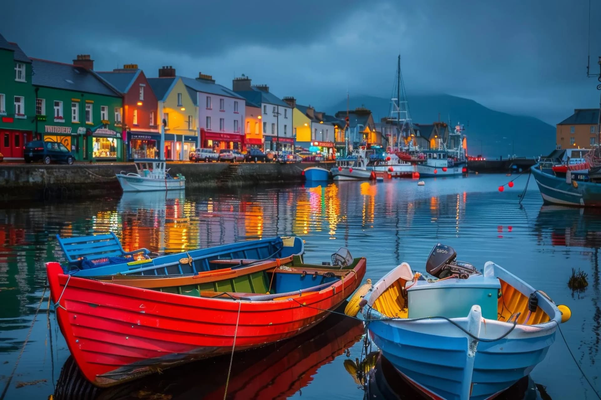Vibrant shots of the Dingle Peninsula, with fishing boats in the harbor and quaint village streets, incorporating slow motion and time-lapse to show daily activities and nightlife