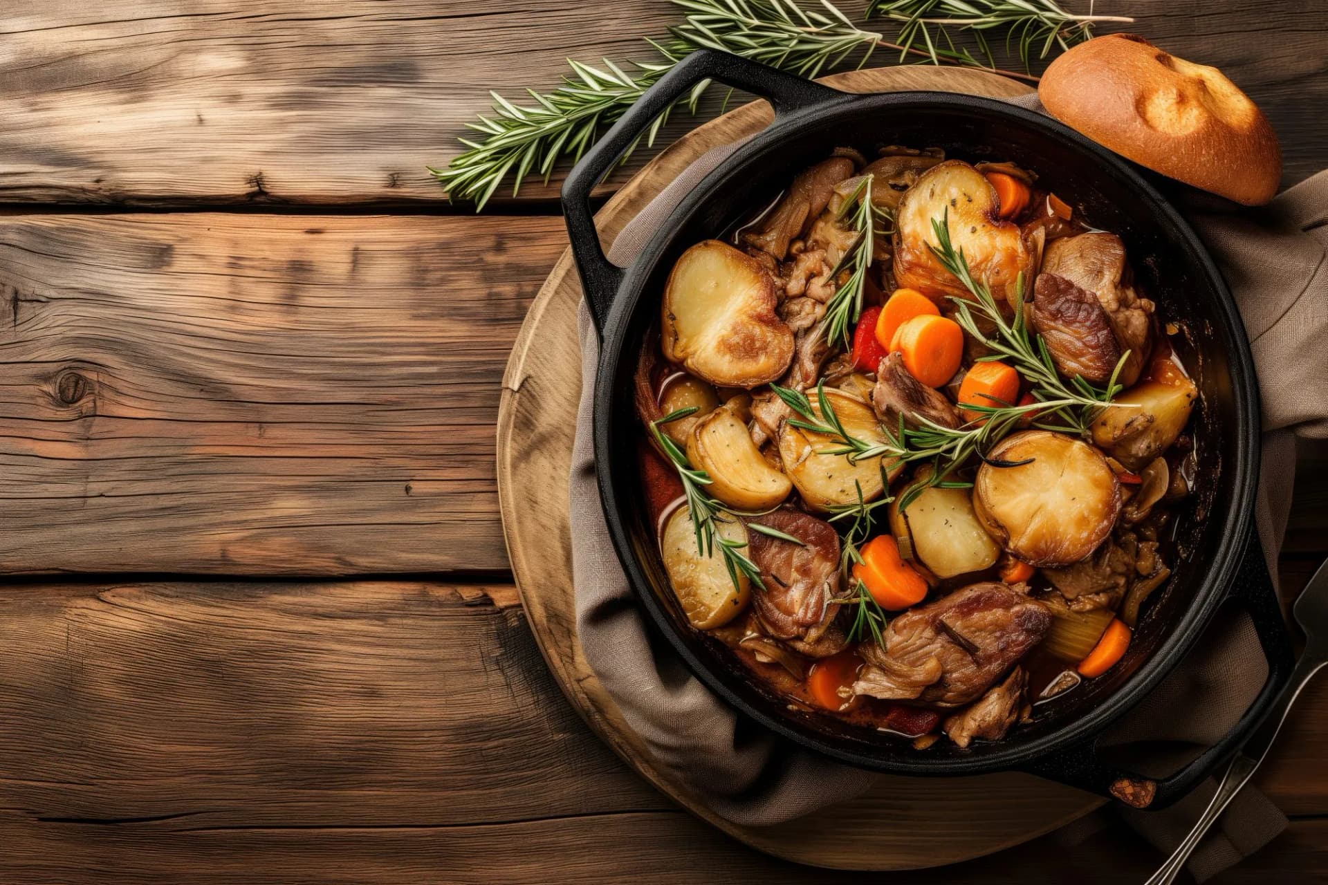 Irish stew on wooden table, top down view, flat lay, copy space, food photography