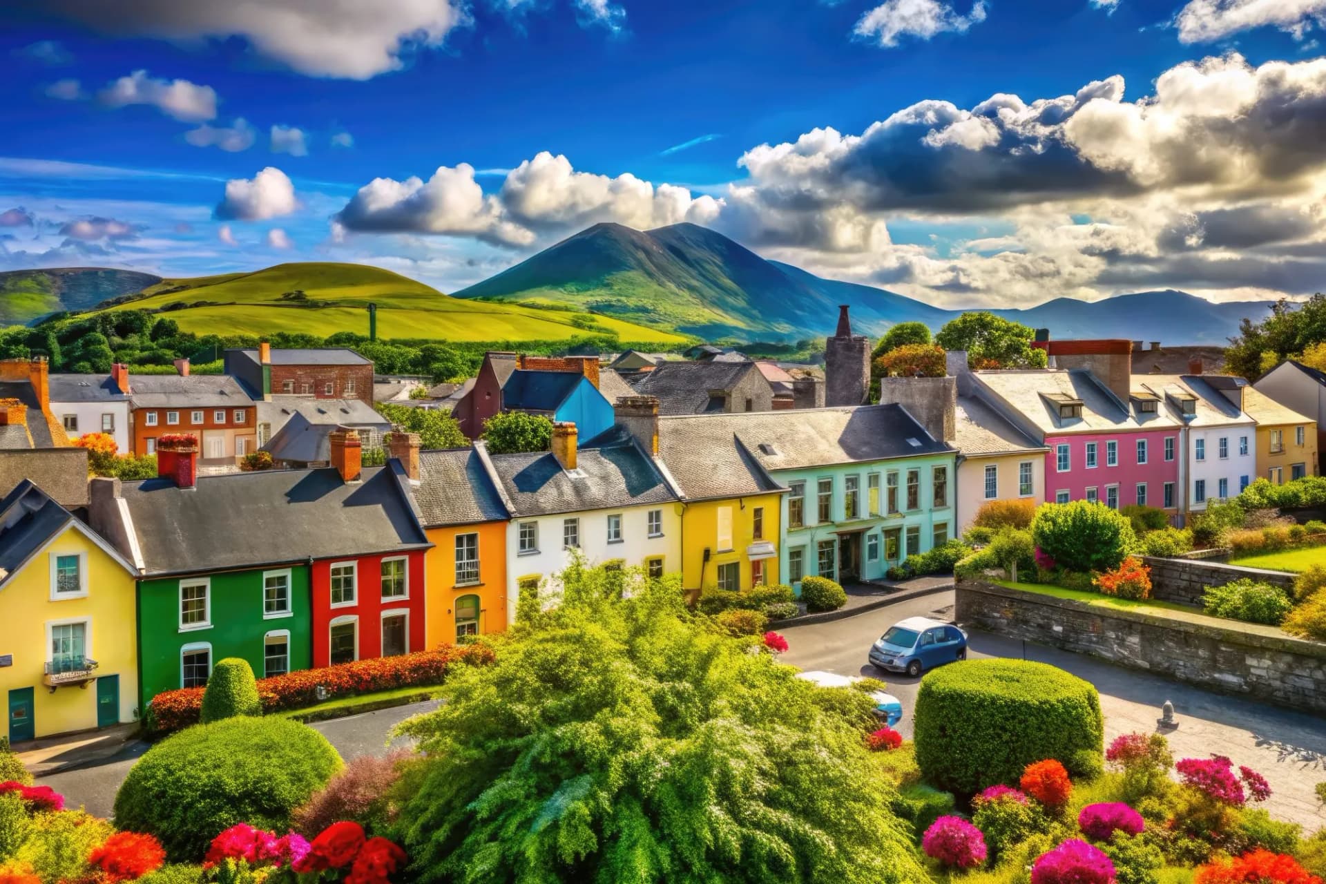 Colorful town houses below green mountains under a dramatic blue sky in Tralee.