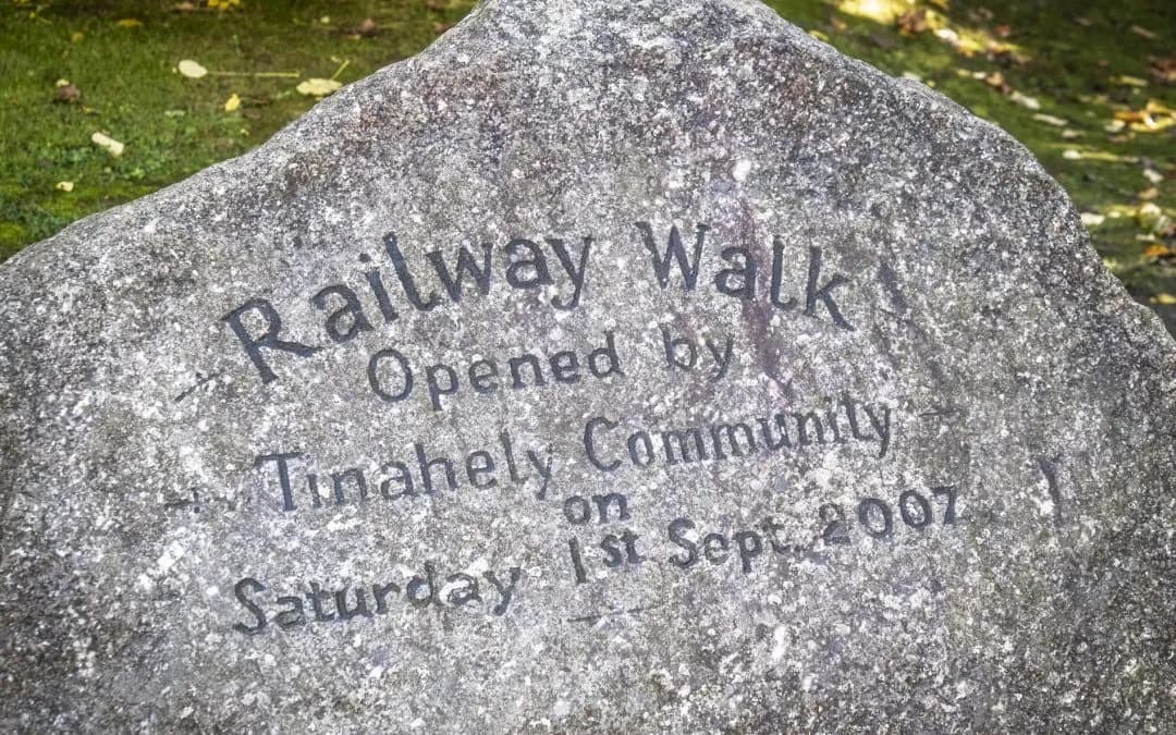 Engraved stone marker for Tinahely Railway Walk opened by the community in 2007.