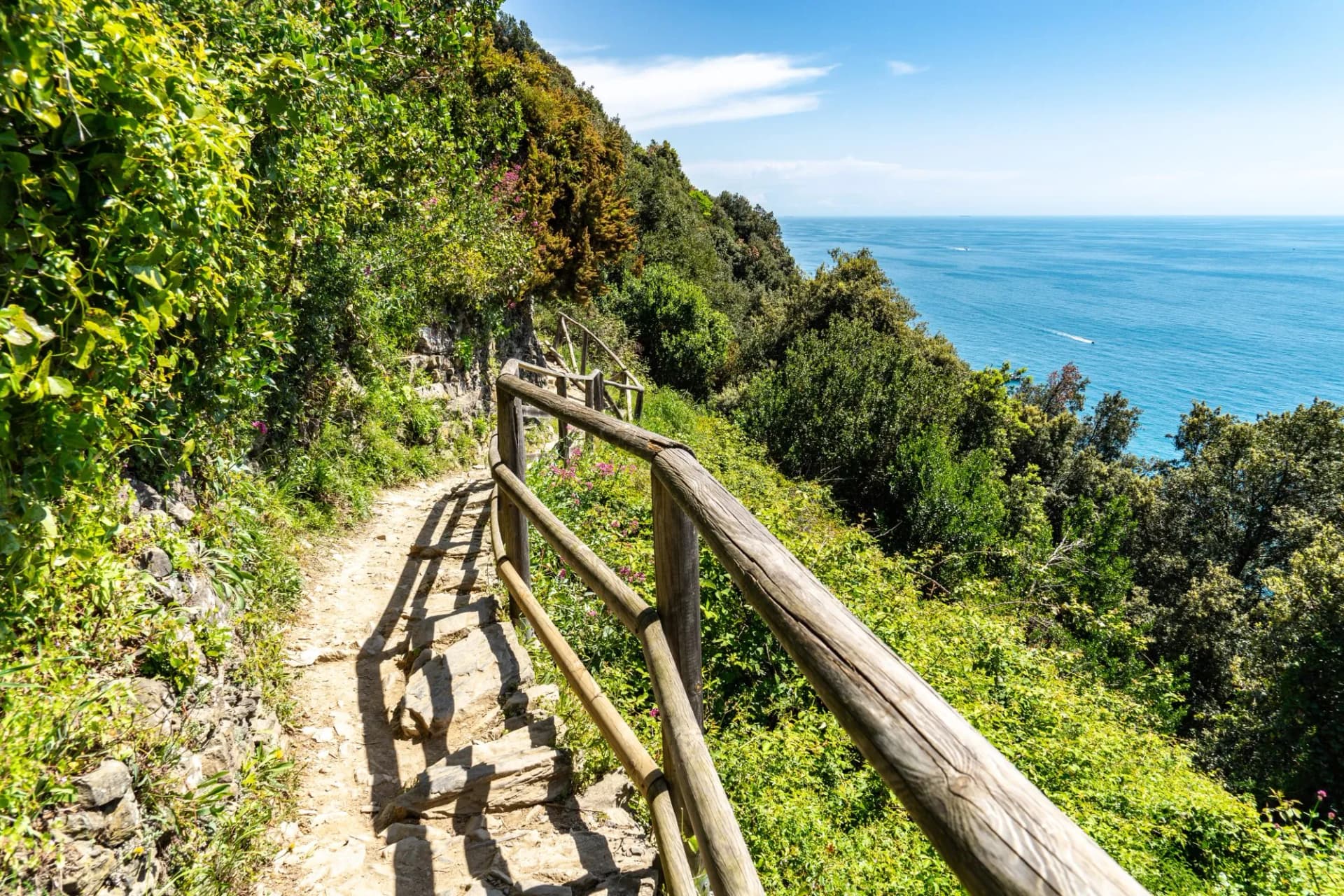 Wanderweg in Cinque Terre mit Blick aufs Meer im Frühling