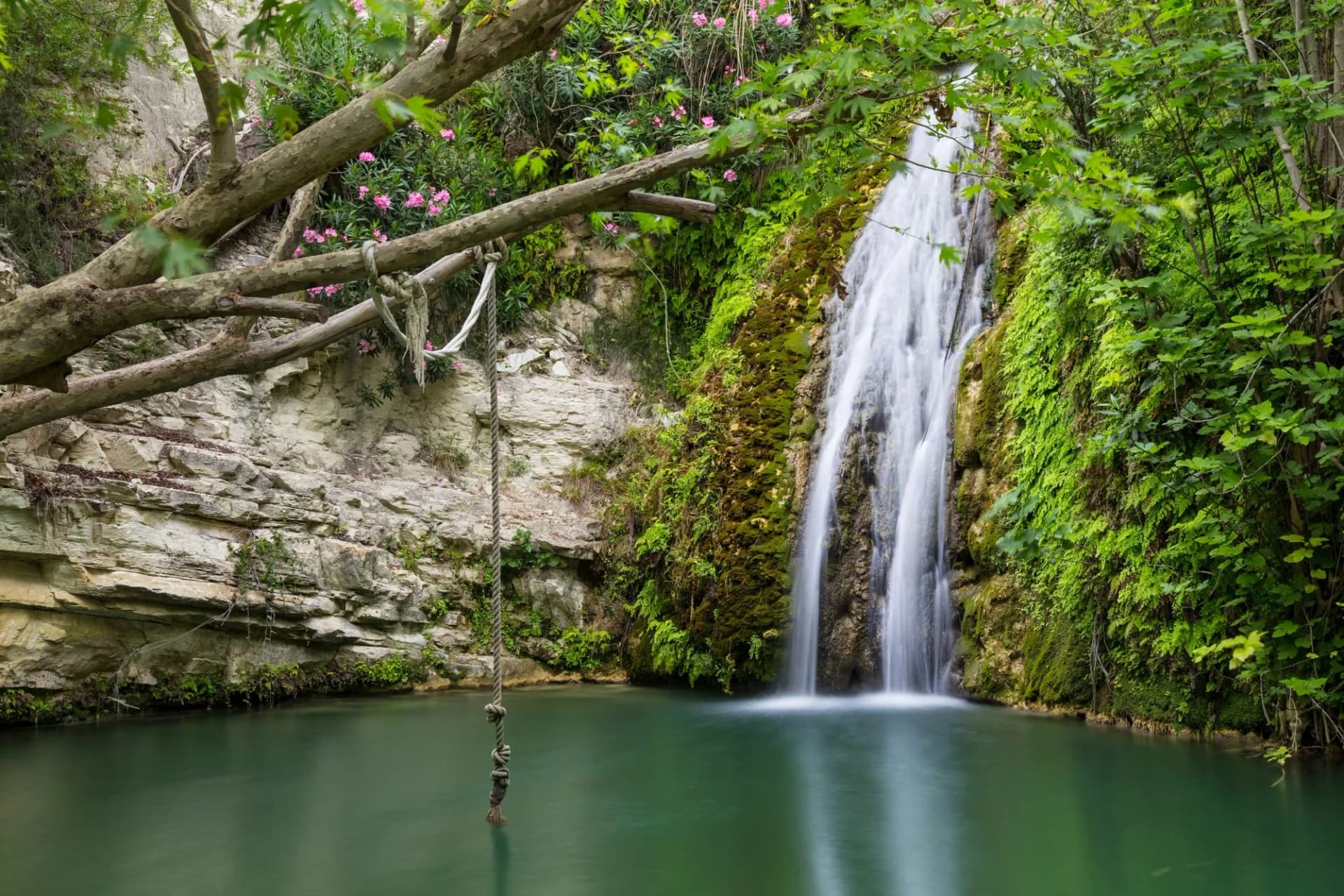 Waterfall in natural cave. Bath of Aphrodite. Cyprus.