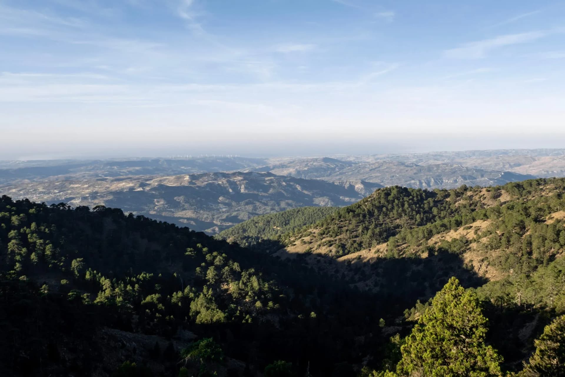 view of Troodos Mountains from Mount Olympos in Cyprus