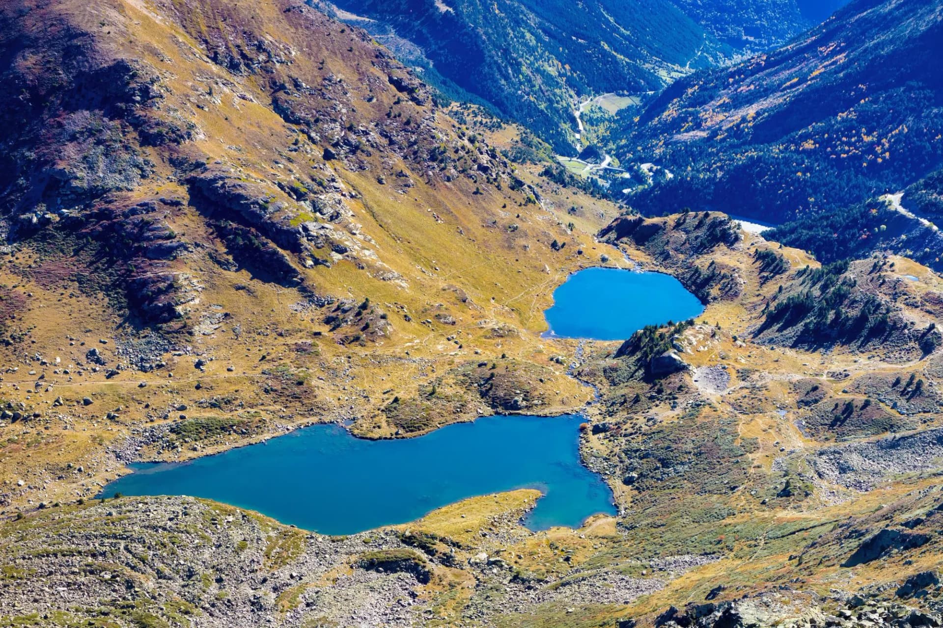 Aerial view of the lower and middle lakes of Tristiana from the Solar de Tristaina viewpoint, Arcalis, Andorra