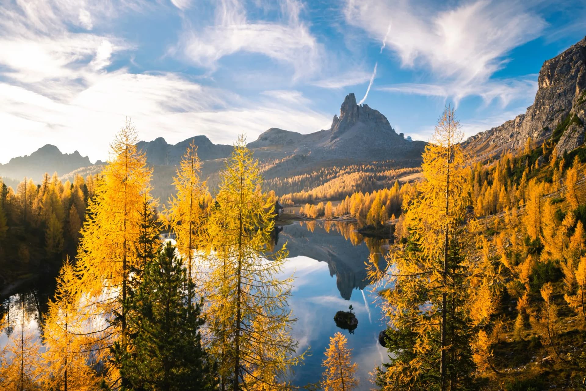 Federa lake during sunrise, with autumnal colors. Federa Lake, Cortina d'Ampezzo, Belluno province, Veneto, Italy