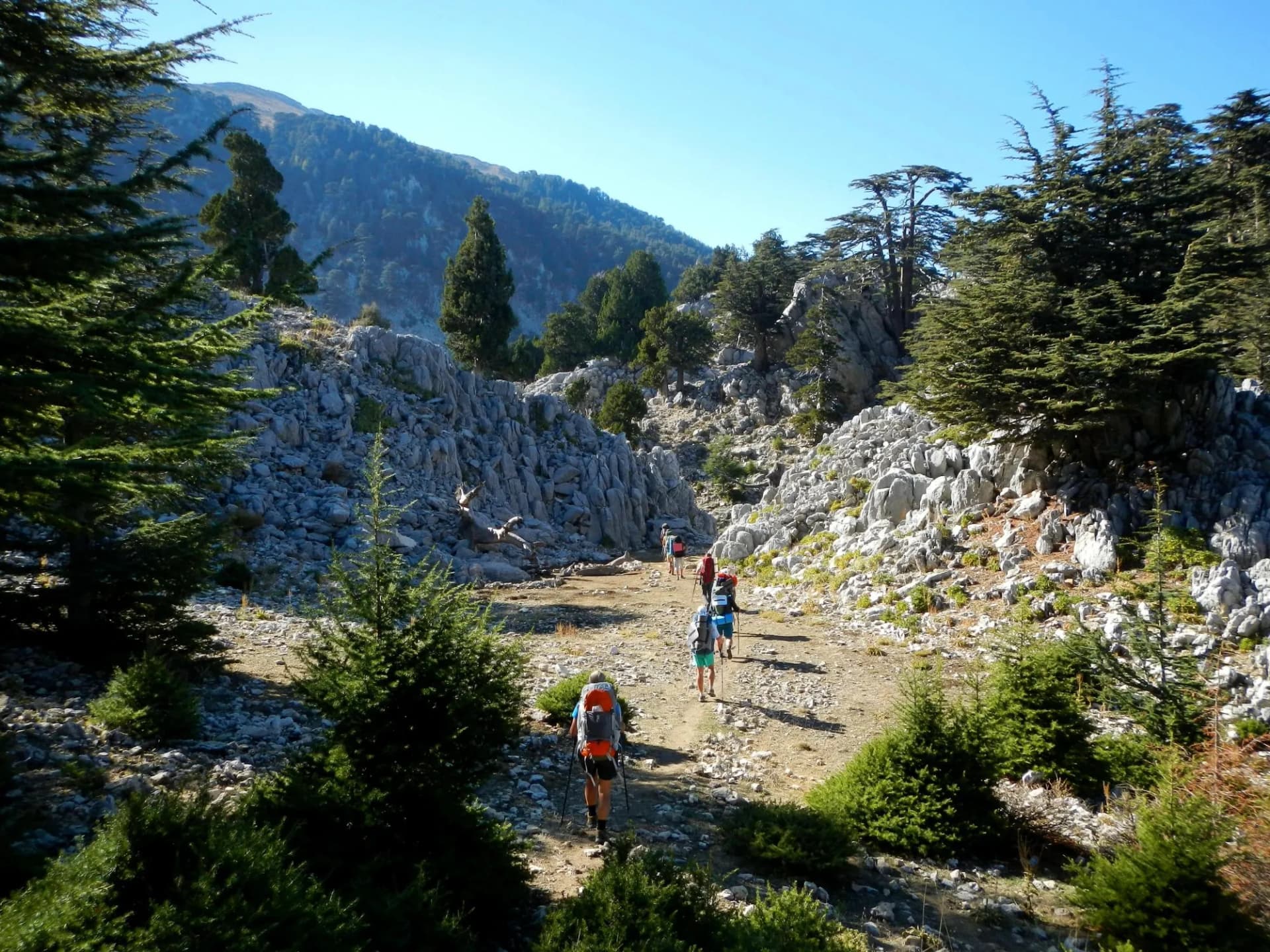 Hikers group trekking by Lycian Way in Turkey