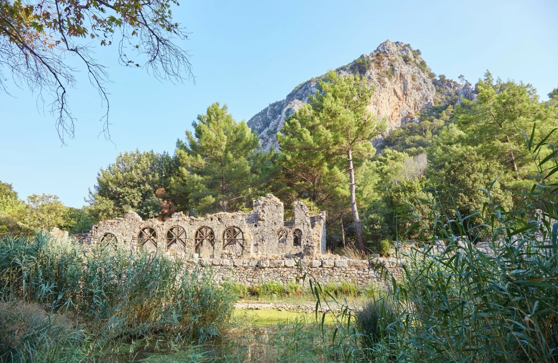 Ruins with waterwheels at Olympos, Turkey, backed by a rocky mountain and trees.