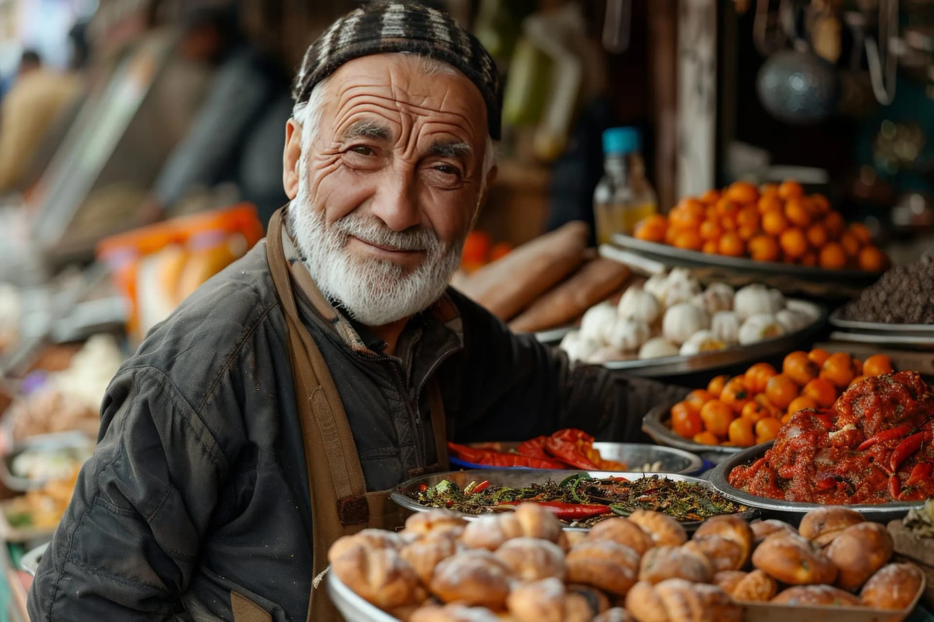 Elderly seller at a Turkish bazaar: fresh vegetables and fruits with a smile