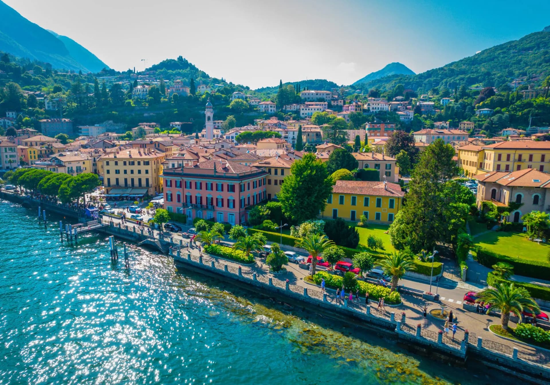 Menaggio, Como Lake. Aerial panoramic view Menaggio town surrounded by mountains and located in Como Lake, Lombardy, Italy