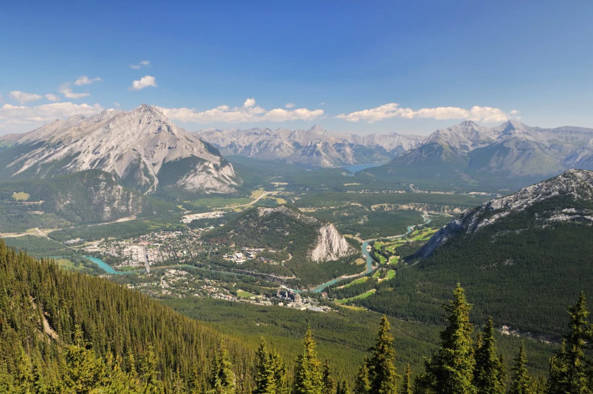 Panoramic view of Banff townsite, turquoise river, and Canadian Rocky Mountains under a blue sky.